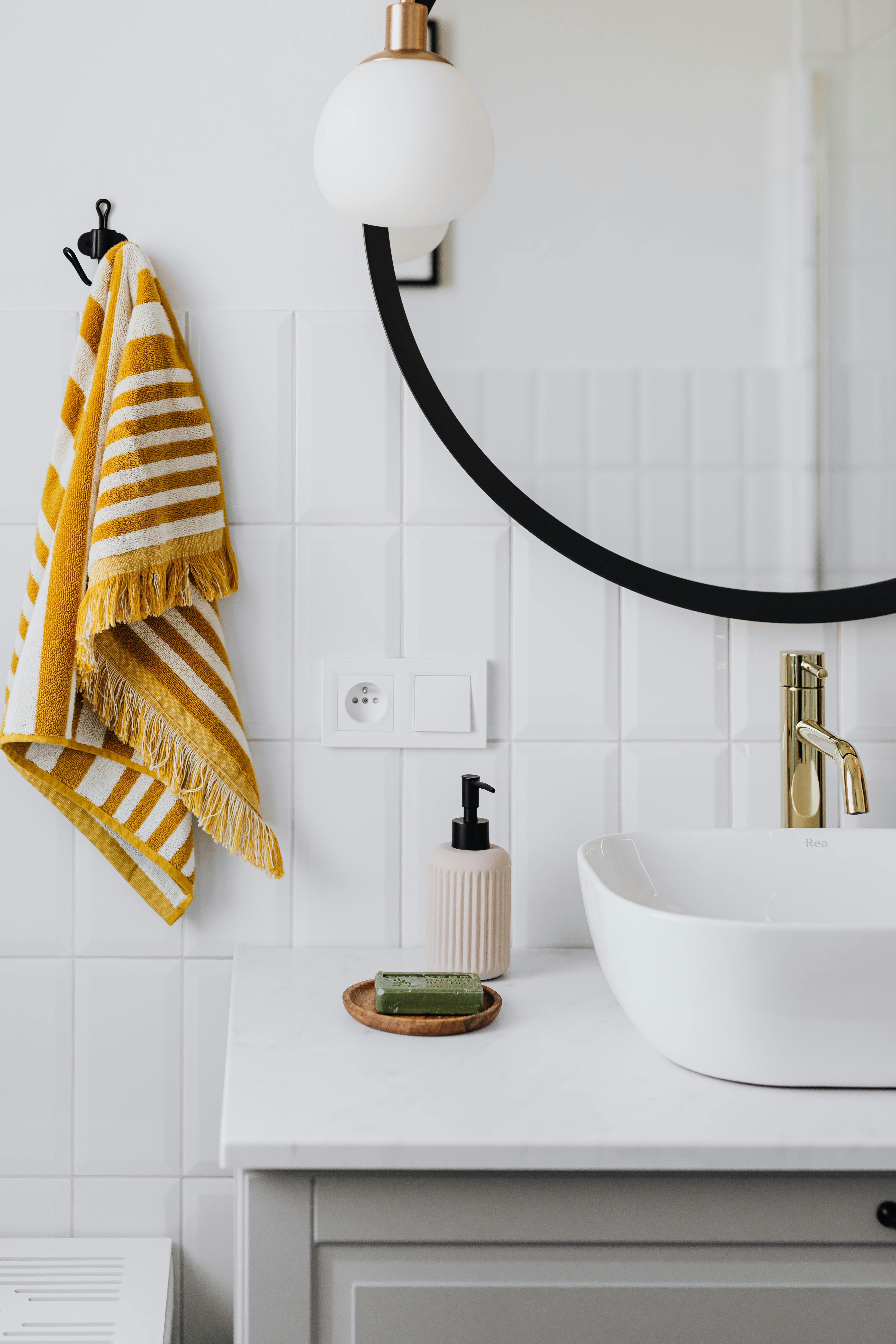 Bathroom accessories arranged on shelf